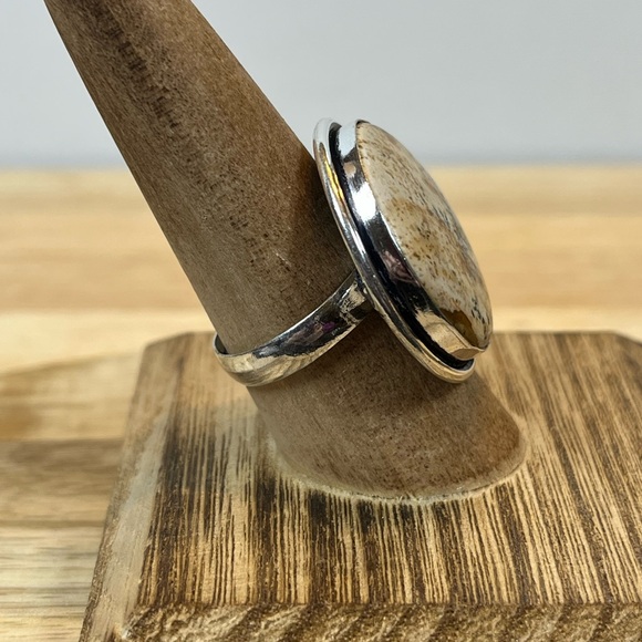 SILVER PLATED PICTURE JASPER GEMSTONE RING STAMPED 925 SIZE 9.75-10 - Picture 2 of 8